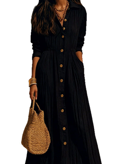 Women's Solid-Color Relaxed-Fit Slim-Fit Point-Collar Long-Sleeve Vacation Dress - product detail view 5