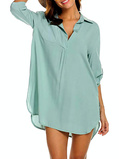 Women's Patchwork Solid-Color Relaxed-Fit Pocket Mid-Length Vacation Dress - product detail view 7