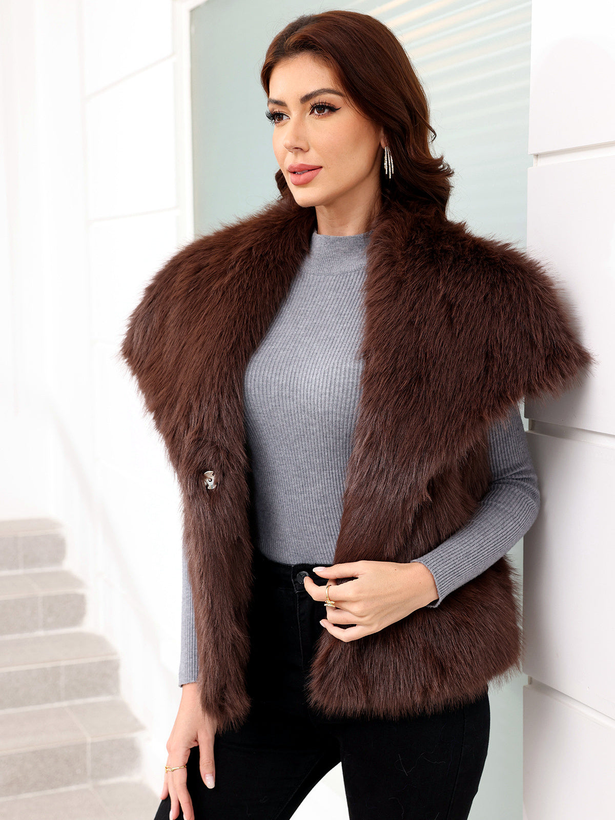 Point-Collar Belted Long-Sleeve Vest - product detail view 8