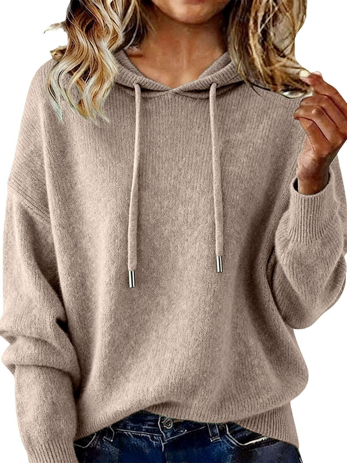 Women's Solid Color Long Sleeve Knit Sweater in Apricot - product view