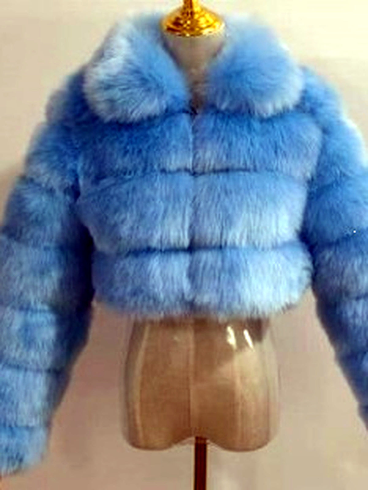 Women's Faux-Fur Point-Collar Stand-Collar Patchwork Long-Sleeve Coat in Light Blue - product view