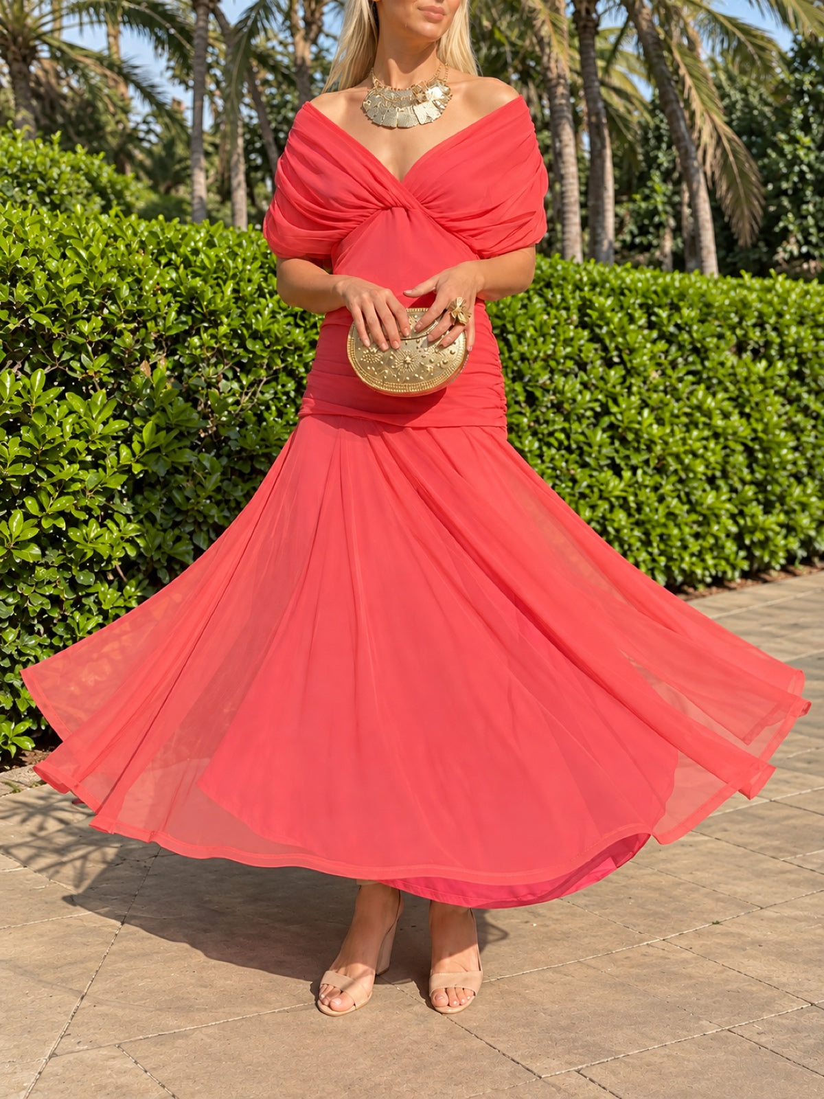Women's Printed Solid-Color V-Neck Off-Shoulder Pullover Stretch Dress
