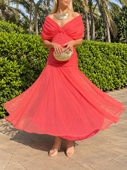 Women's Printed Solid-Color V-Neck Off-Shoulder Pullover Stretch Dress