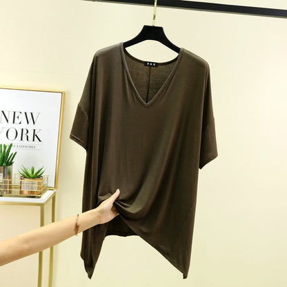 T-shirt ample en modal pour femme - Tunique décontractée à col en V profond