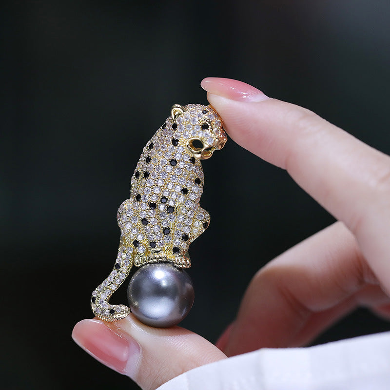 Vintage leopard zircon brooch with mother pearls, women's pin pendant jewelry gift.