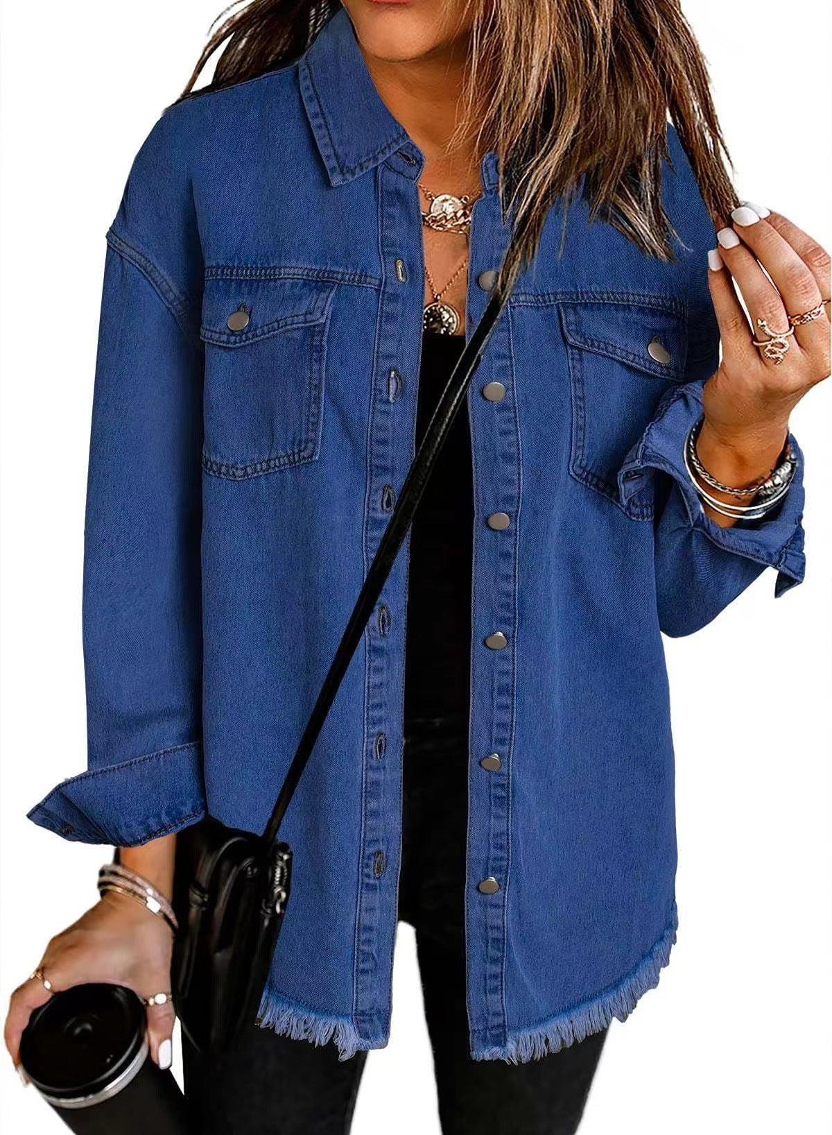 Vintage Oversized Frayed Denim Shirt for Women - Streetwear Button Down Jacket