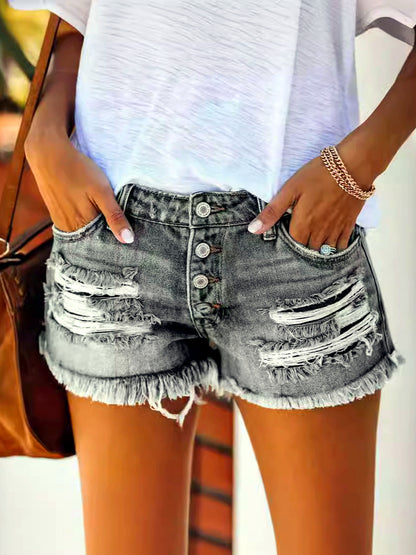 Women's Washed Denim Distressed Relaxed-Fit Mid-Rise Straight-Leg Shorts - product detail view 6