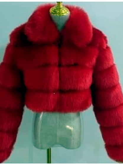 Women's Faux-Fur Point-Collar Stand-Collar Patchwork Long-Sleeve Coat in Red - product view