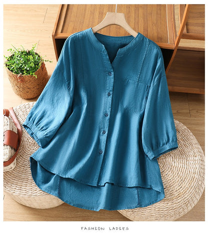 Casual Loose-Fit Half Sleeve Button-Down | Breathable Linen-Blend Top with Pocket