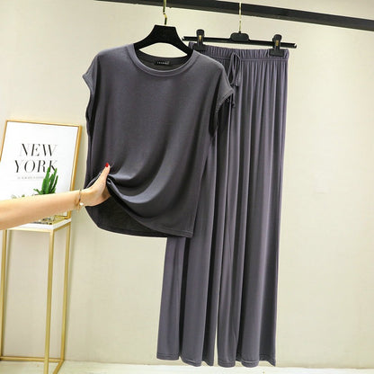 Women's Modal 2-Piece Lounge Set - Cap Sleeve Tee & Wide Leg Pants Pajama Set