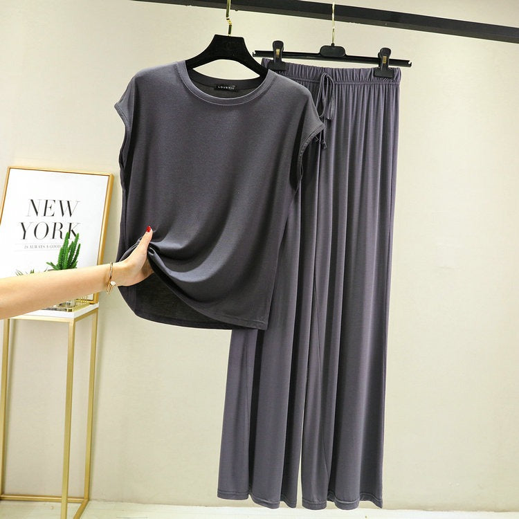 Women's Modal 2-Piece Lounge Set - Cap Sleeve Tee & Wide Leg Pants Pajama Set