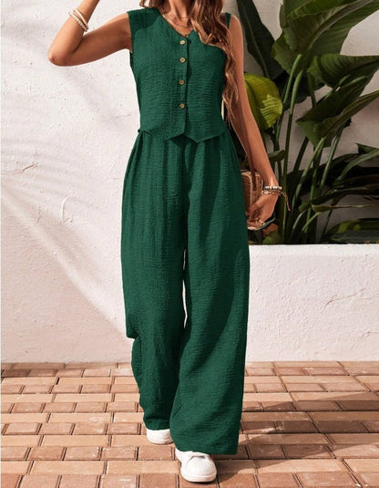 Ensemble deux pièces d'été PromiseGift | Gilet col V et pantalon palazzo taille haute vert sauge
