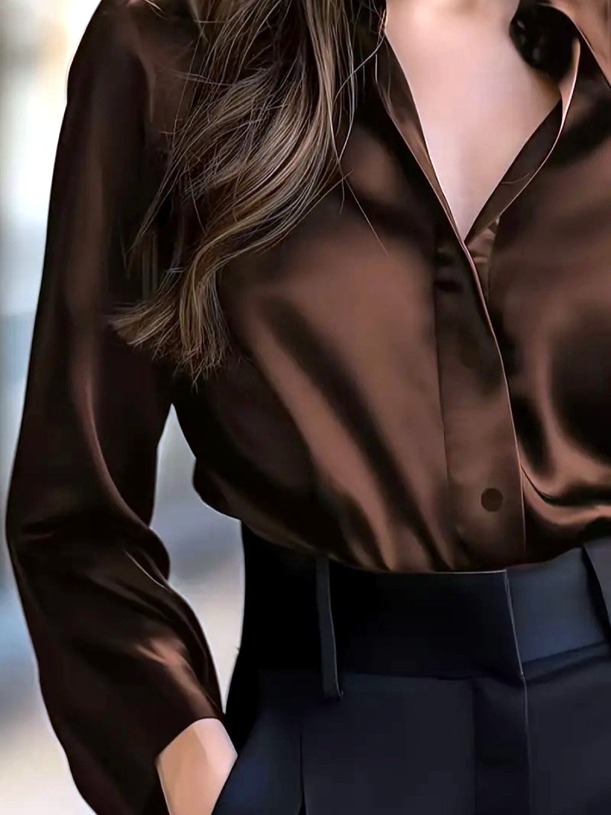 Women's Solid-Color V-Neck Patchwork Button-Front Long-Sleeve Shirt - product detail view 11