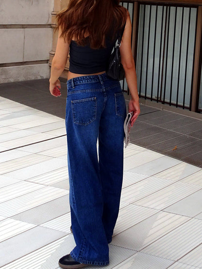 Women's Washed Denim Wide-Leg Vintage-Inspired Distressed Straight-Leg Jeans - product detail view 4