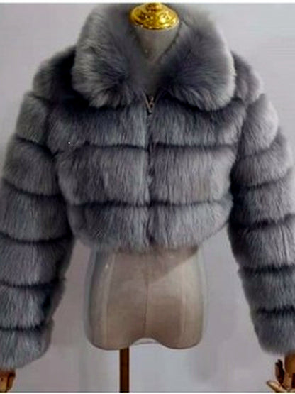 Women's Faux-Fur Point-Collar Stand-Collar Patchwork Long-Sleeve Coat in Gray - product view