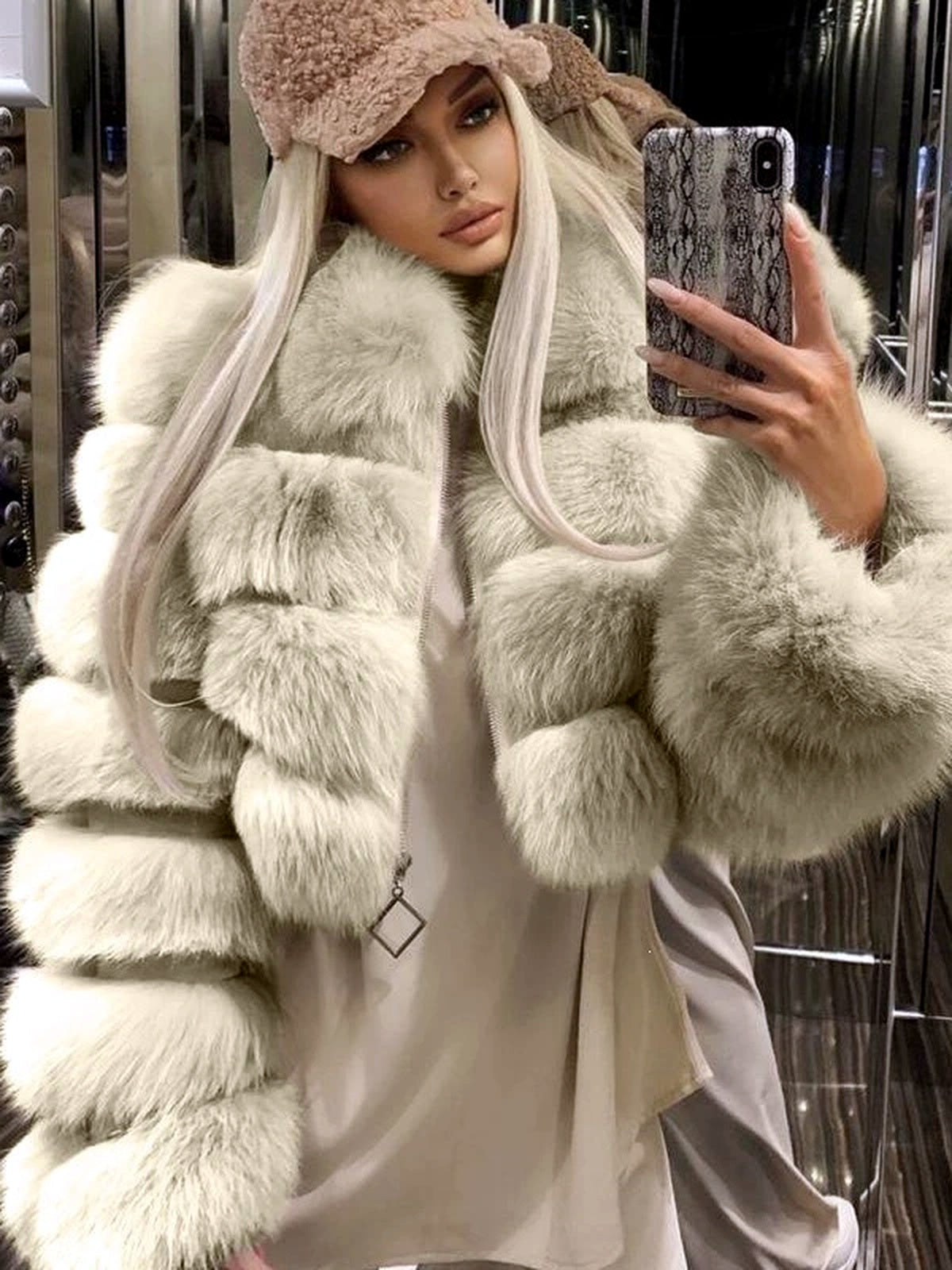 Women's Faux-Fur Point-Collar Stand-Collar Patchwork Long-Sleeve Coat - product detail view 1
