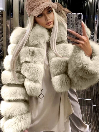 Women's Faux-Fur Point-Collar Stand-Collar Patchwork Long-Sleeve Coat - product detail view 1