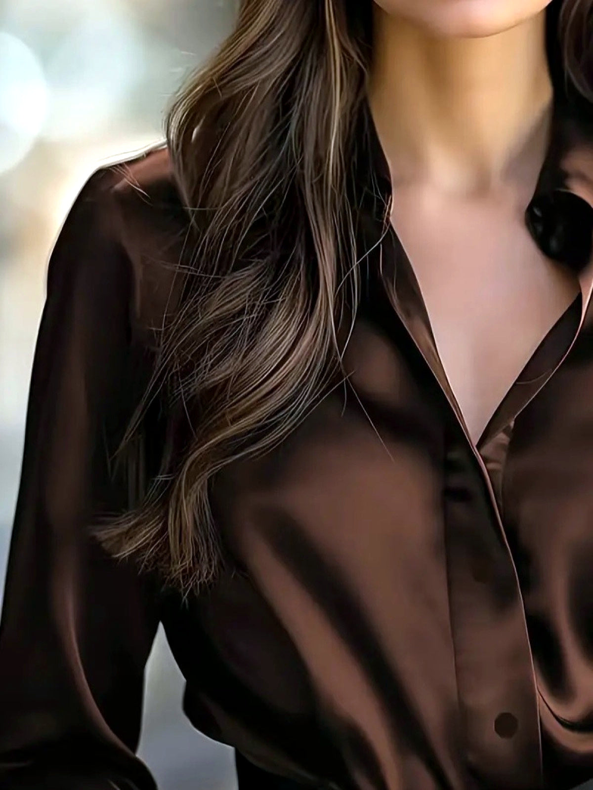 Women's Solid-Color V-Neck Patchwork Button-Front Long-Sleeve Shirt - product detail view 12