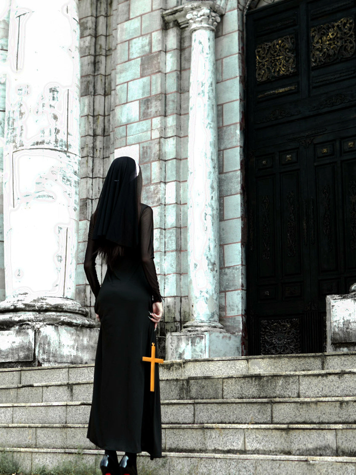 Women's Halloween Gothic-Nun Cosplay Chain-Strap Top & Skirt Set - product detail view 14