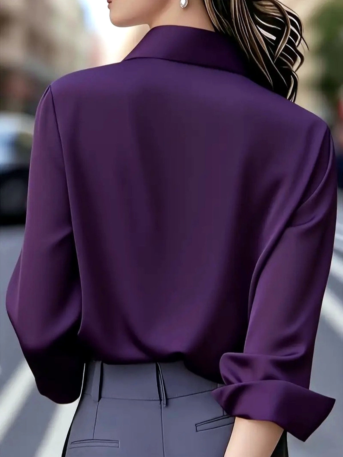 Women's Solid-Color Point-Collar Patchwork Button-Front Shirt - product detail view 7