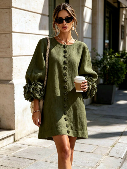 Women's Solid-Color Crew-Neck Button-Front Pullover Relaxed-Fit Dress - product detail view 3