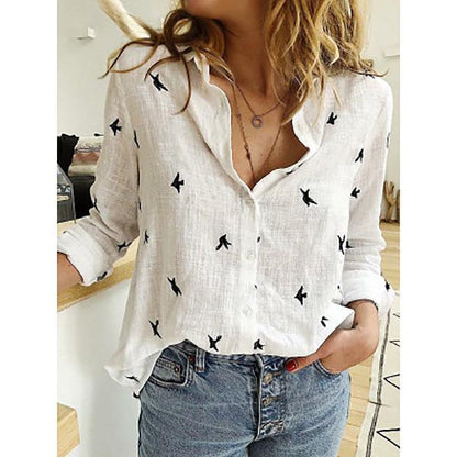 Embroidered-Look Bird Pattern Linen-Cotton Shirt | Casual Long Sleeve Button-Up