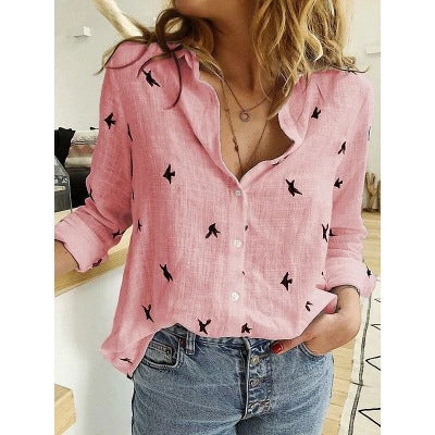 Embroidered-Look Bird Pattern Linen-Cotton Shirt | Casual Long Sleeve Button-Up