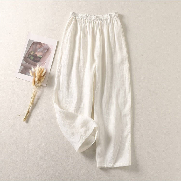 High-Waisted Smocked Elastic Waist Pants | Breathable Linen-Blend Lantern Trousers