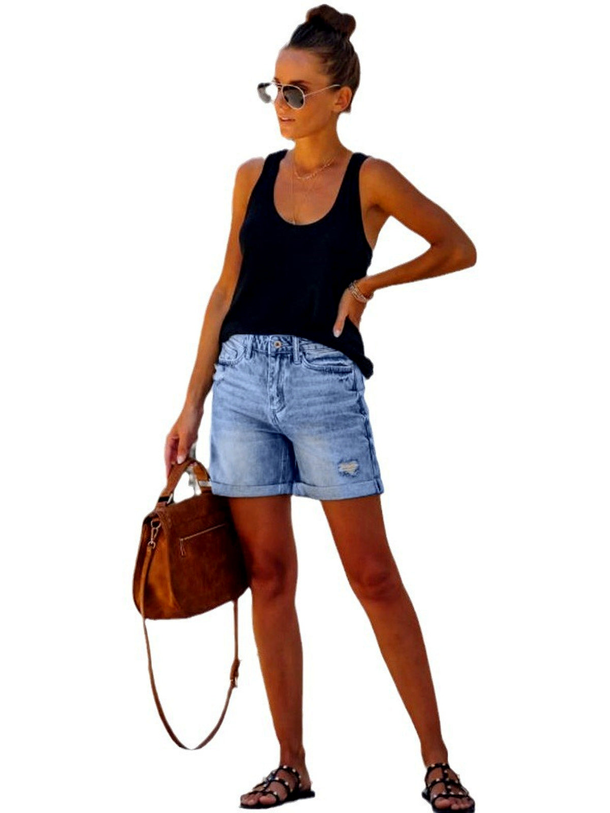 Women's Denim Distressed High-Waist Straight-Leg Office Shorts - product detail view 9