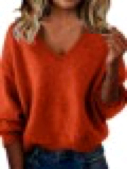 Women's V Solid Color Long Sleeve Knit Patchwork Relaxed-Fit Sweater - product detail view 6