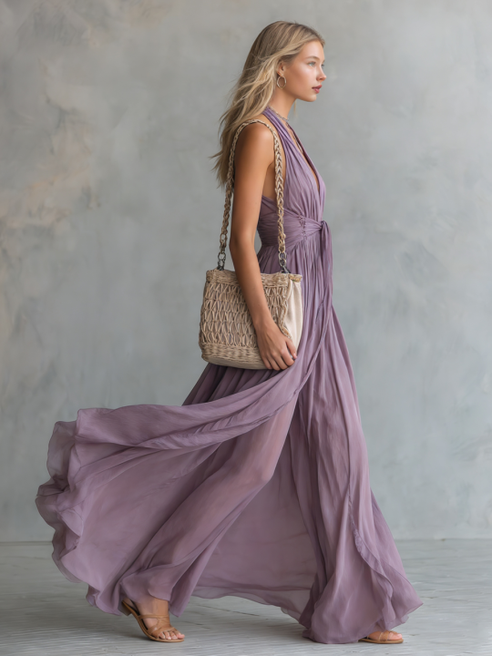 Robe longue en mousseline élégante et stylée avec col montant et décolleté en V sans manches