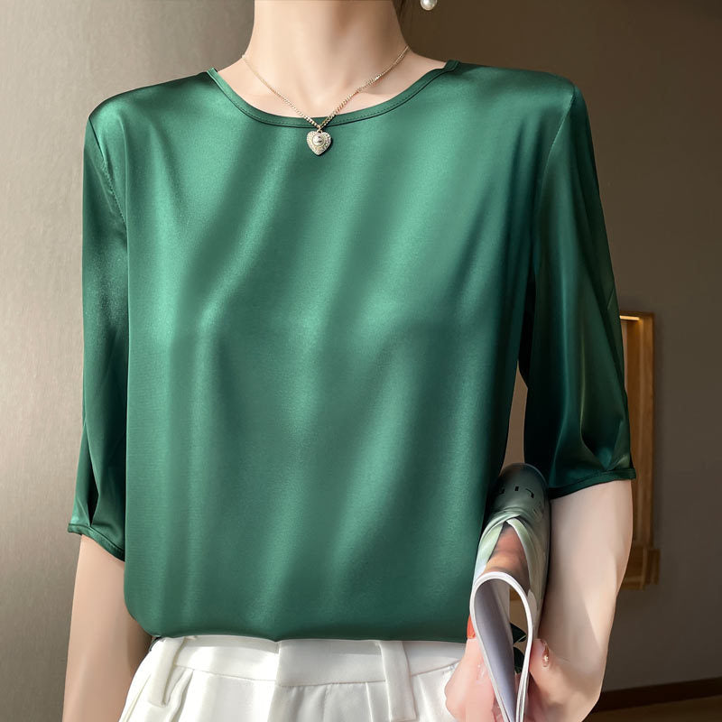Luxury Acetate Silk-Satin Round Neck Blouse with Half Sleeves