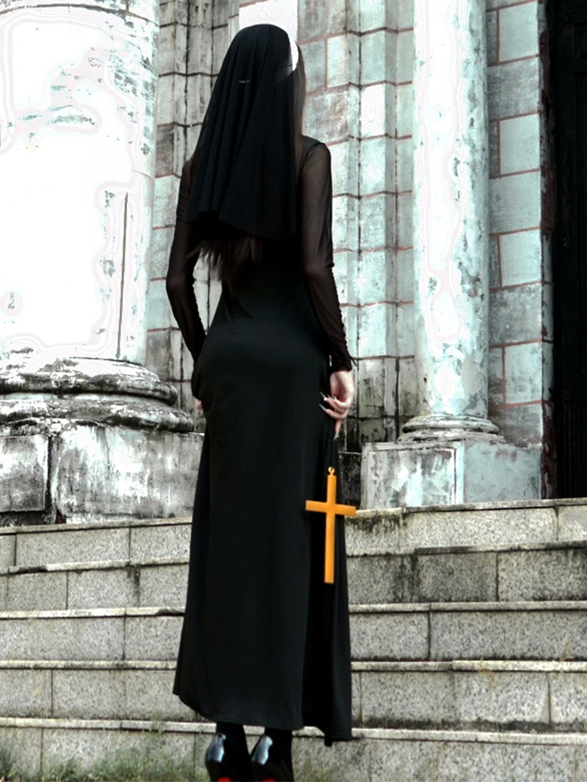 Women's Halloween Gothic-Nun Cosplay Chain-Strap Top & Skirt Set - product detail view 16