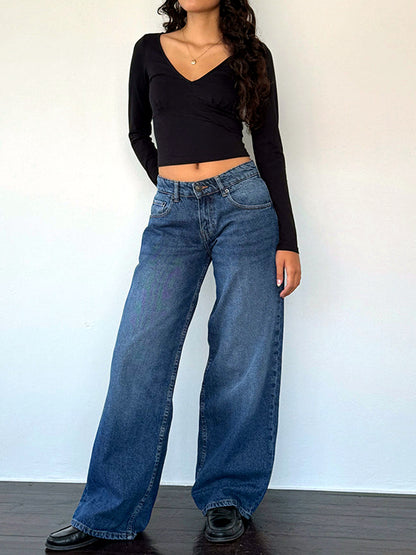 Women's Washed Denim Wide-Leg Vintage-Inspired Distressed Straight-Leg Jeans - product detail view 7
