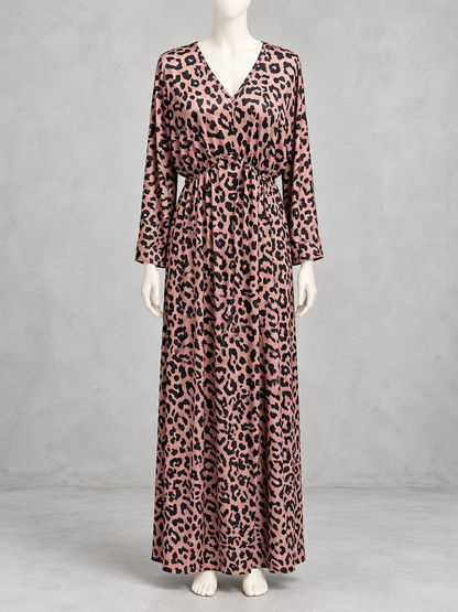 Knit Leopard-Print Printed V-Neck Pullover Relaxed-Fit Dress