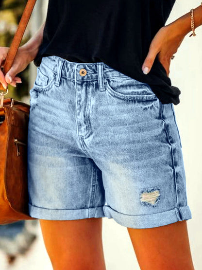 Women's Denim Distressed High-Waist Straight-Leg Office Shorts - product detail view 11