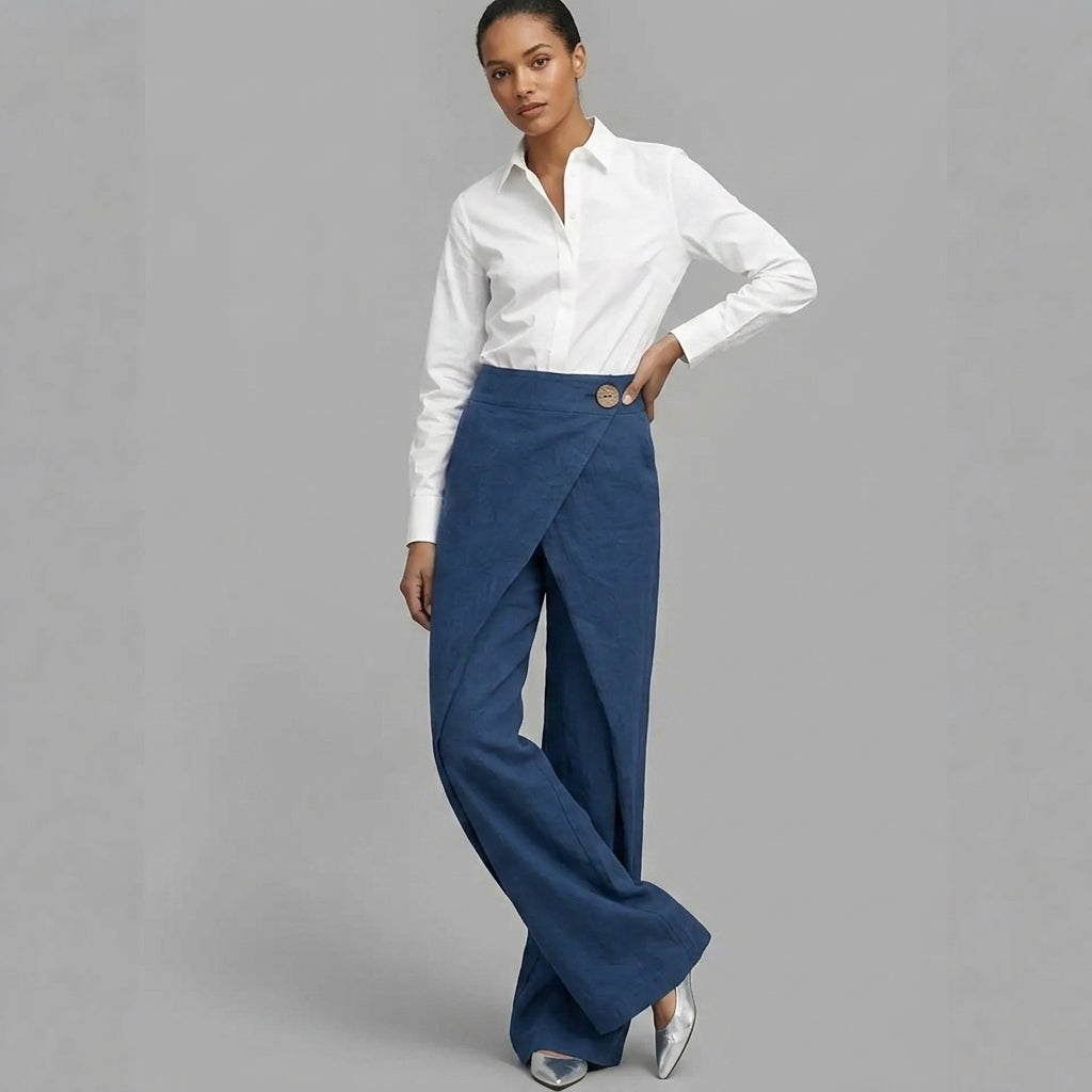 High-Waisted Overlap Palazzo Pants | Breathable Linen-Cotton Wide-Leg Trousers with Button Detail
