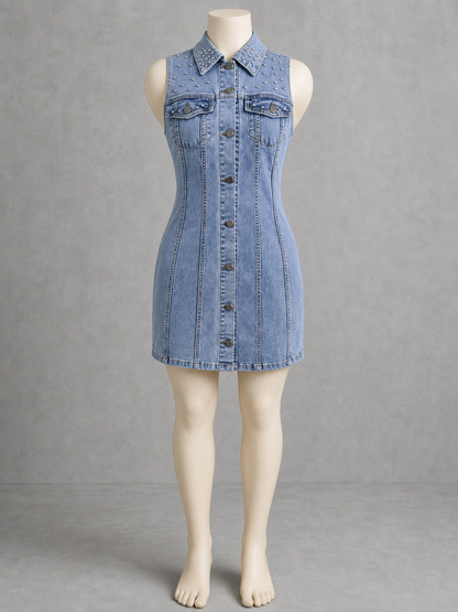 Women's Rhinestone Denim Dress, Stretch Button Front Waist Cinched Jean Dress