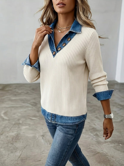 Women's Denim Patchwork Ribbed Knit Sweater | Casual V-Neck Long Sleeve Fake Two-Piece Jumper