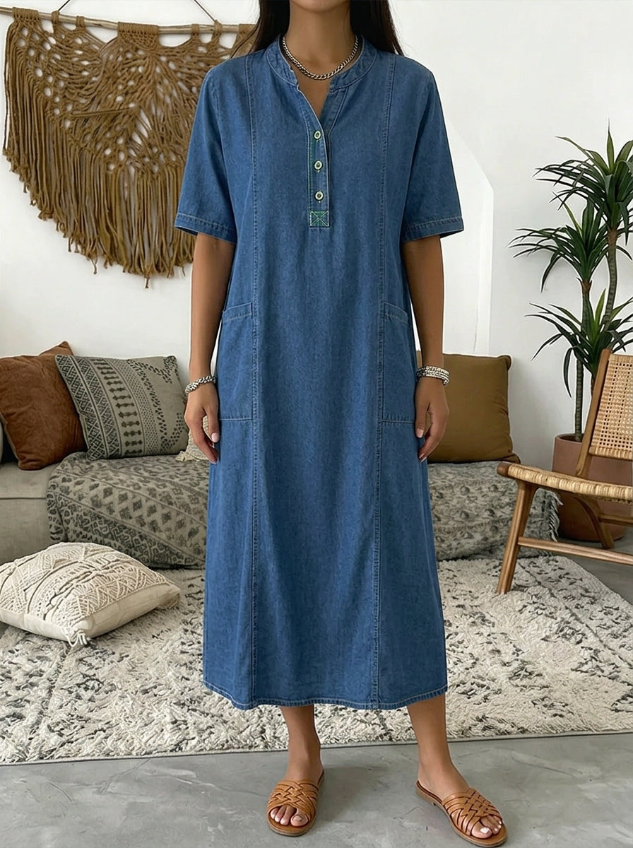 Vintage Washed Denim Shift Dress for Women - Soft Half Sleeve Tunic Dress with Pockets