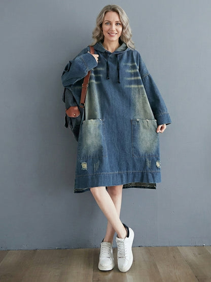Vintage Washed Denim Hooded Sweatshirt Dress - Loose Fit Pullover Gown with Pockets