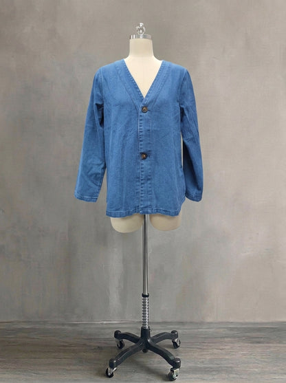 Women's Loose Casual V-Neck Denim Cardigan Jacket | Plus Size Long Sleeve Washed Blue Jean Coat Outwear