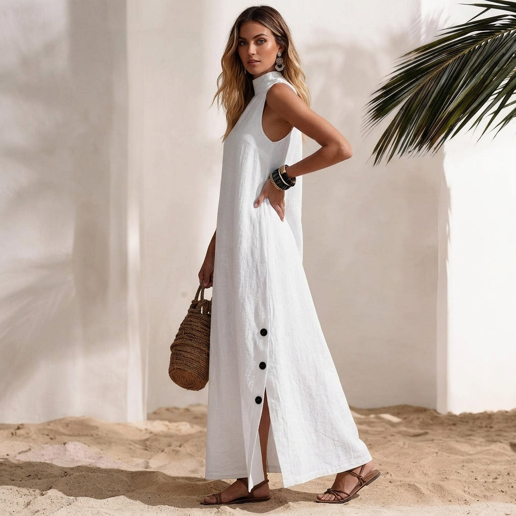 Sleeveless Mock Neck Summer Maxi | Breathable White Linen-Blend Dress with Side Slit
