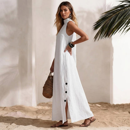 Sleeveless Mock Neck Summer Maxi | Breathable White Linen-Blend Dress with Side Slit