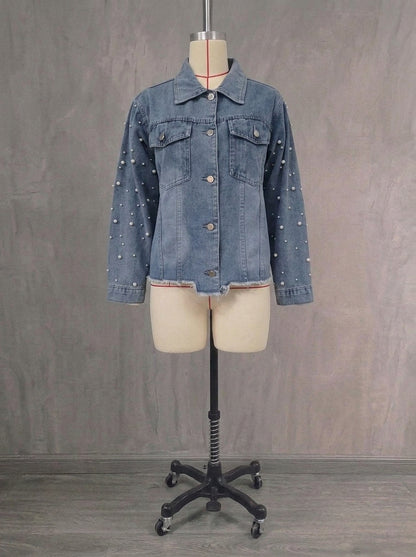 Vintage Pearl Embellished Denim Jacket for Women - Drop Shoulder Button-Down Outerwear