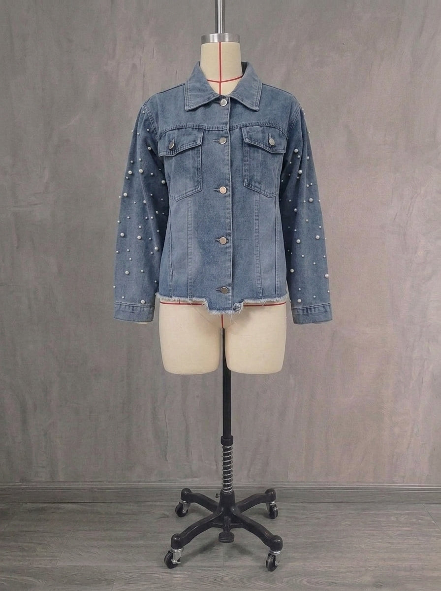 Vintage Pearl Embellished Denim Jacket for Women - Drop Shoulder Button-Down Outerwear