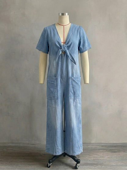Women's Short Sleeve Denim Jumpsuit | Casual Deep V-Neck Tie Front Wide Leg Romper