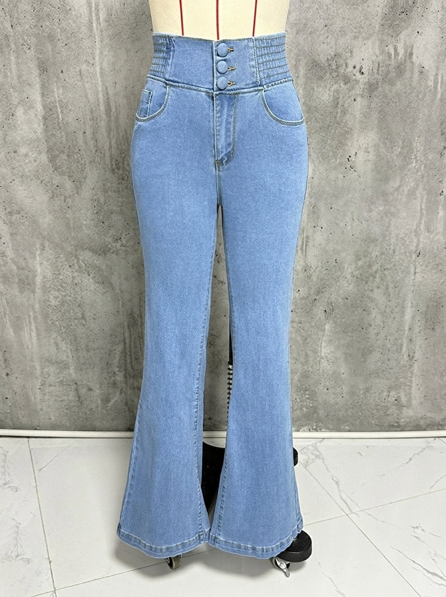 Vintage Solid Smocked Waist Flare Jeans for Women - Flattering Butt Lifting Denim Trousers