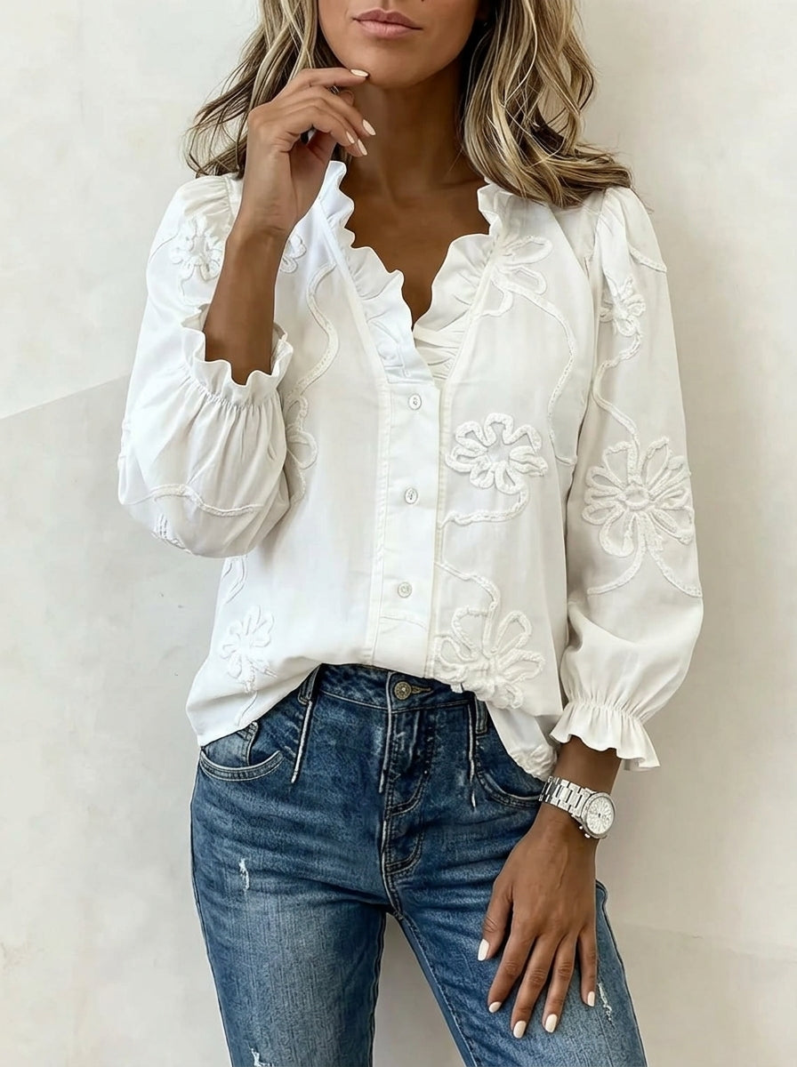 Vintage Embroidered Ruffle Neck Long Sleeve Blouse