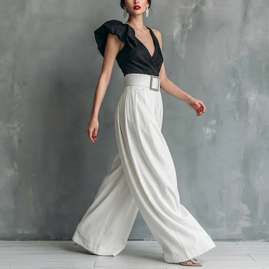 Women's High Waisted Wide Leg Pants - Elegant Pleated Flowy Palazzo Trousers